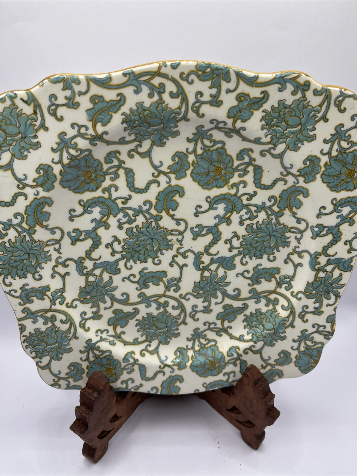 Crown Ducal Ware England Chintz Octagonal 8.5 " Plate Teal Flowers Gold Trim