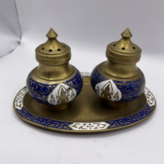 Vintage Brass Blue Enamel Salt Pepper Shakers Holder Tray set used