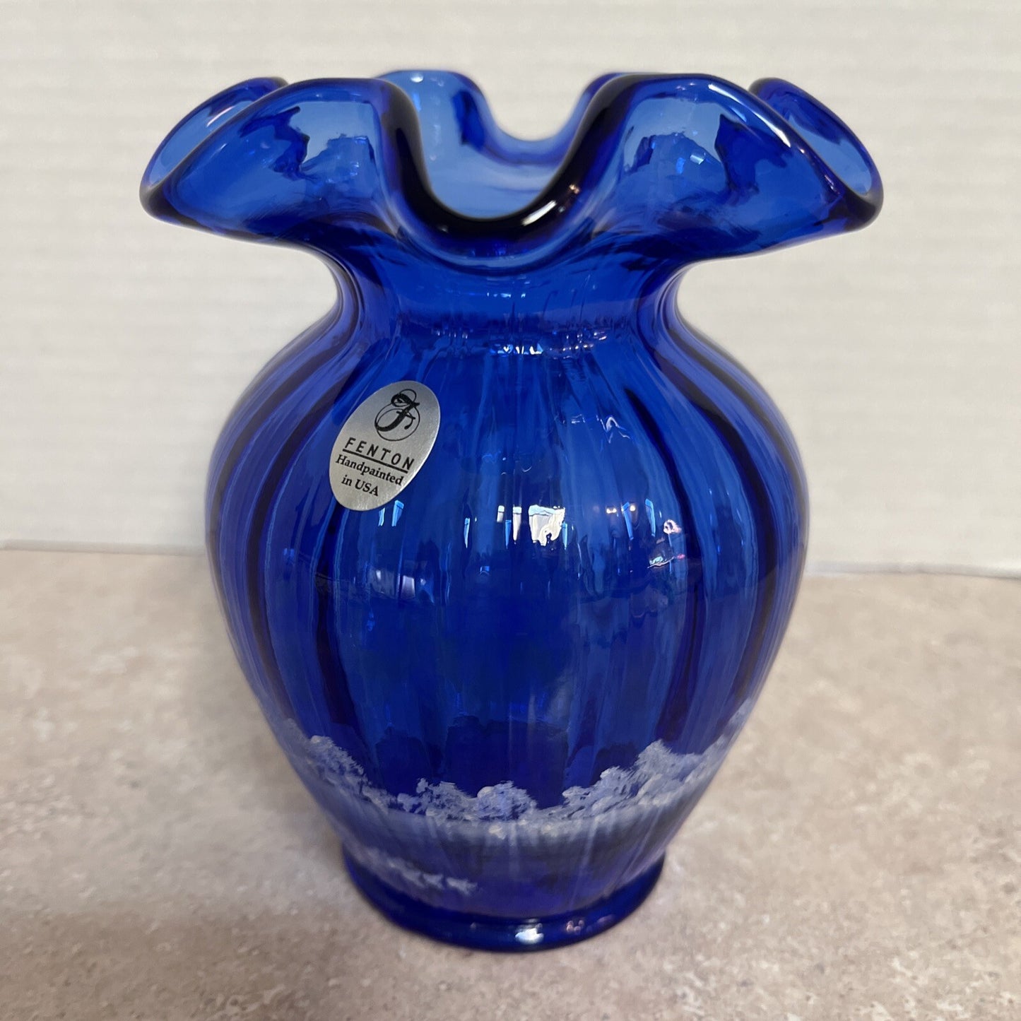 Sue Fenton MARY GREGORY COBALT BLUE VASE Girl Bird Watching W/ Cat 5.75” Signed