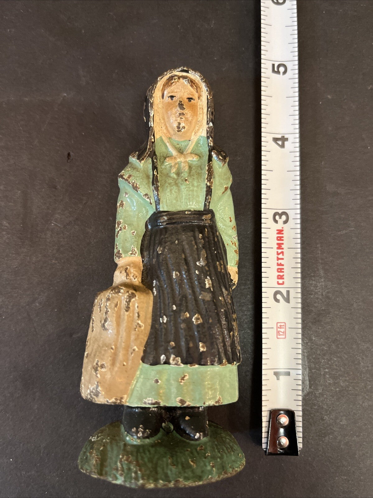 Vintage Heavy Duty Cast Iron Amish Lady Figurine Carrying Bucket Pail 4.5" Tall