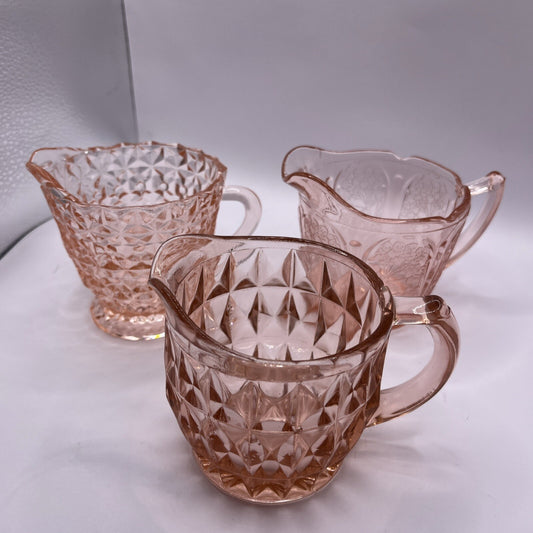 3 Depression Creamer/ Syrup Pitchers Pink Vintage