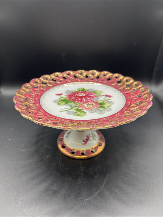 Vintage Pedestal Serving Bowl Floral Design Reticulated 7.5”