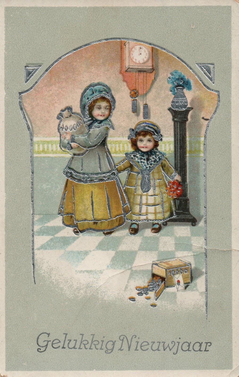 Girls Helping Silver Lining Spilt Coins New Year Postcard 3097