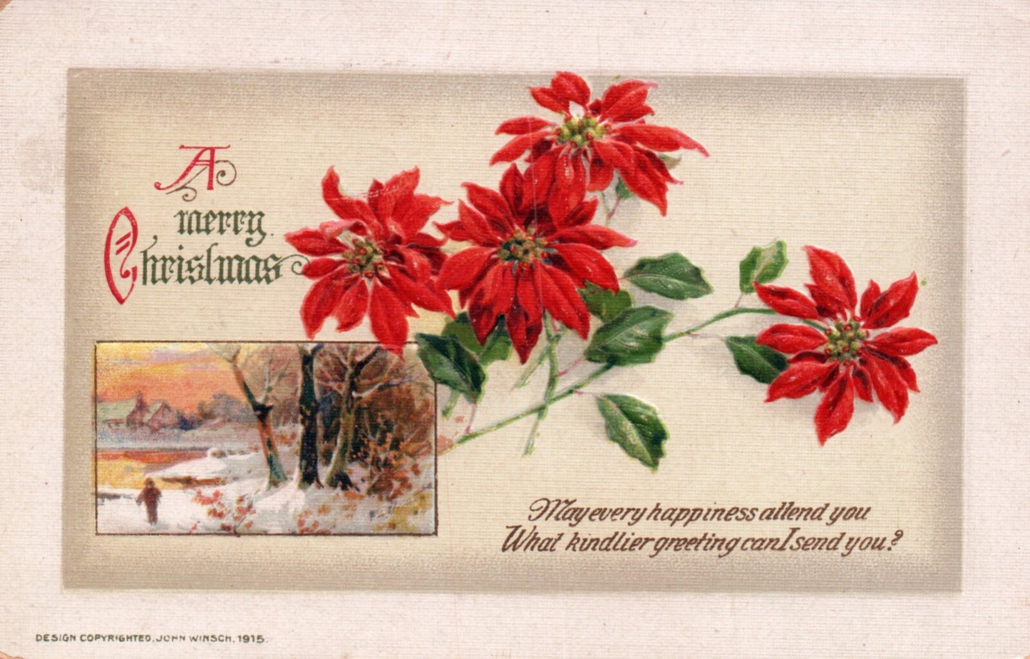 Vintage John Winsch A Merry Christmas Winter Scene Christmas Poinsettia Postcard