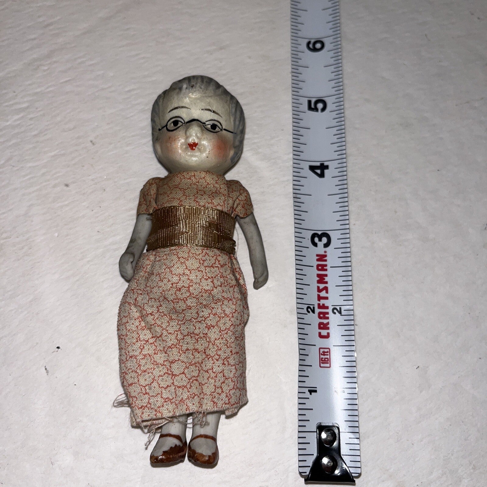 VINTAGE 4" ALL BISQUE GRANDMA DOLL -PAINTED GLASSES- JAPAN