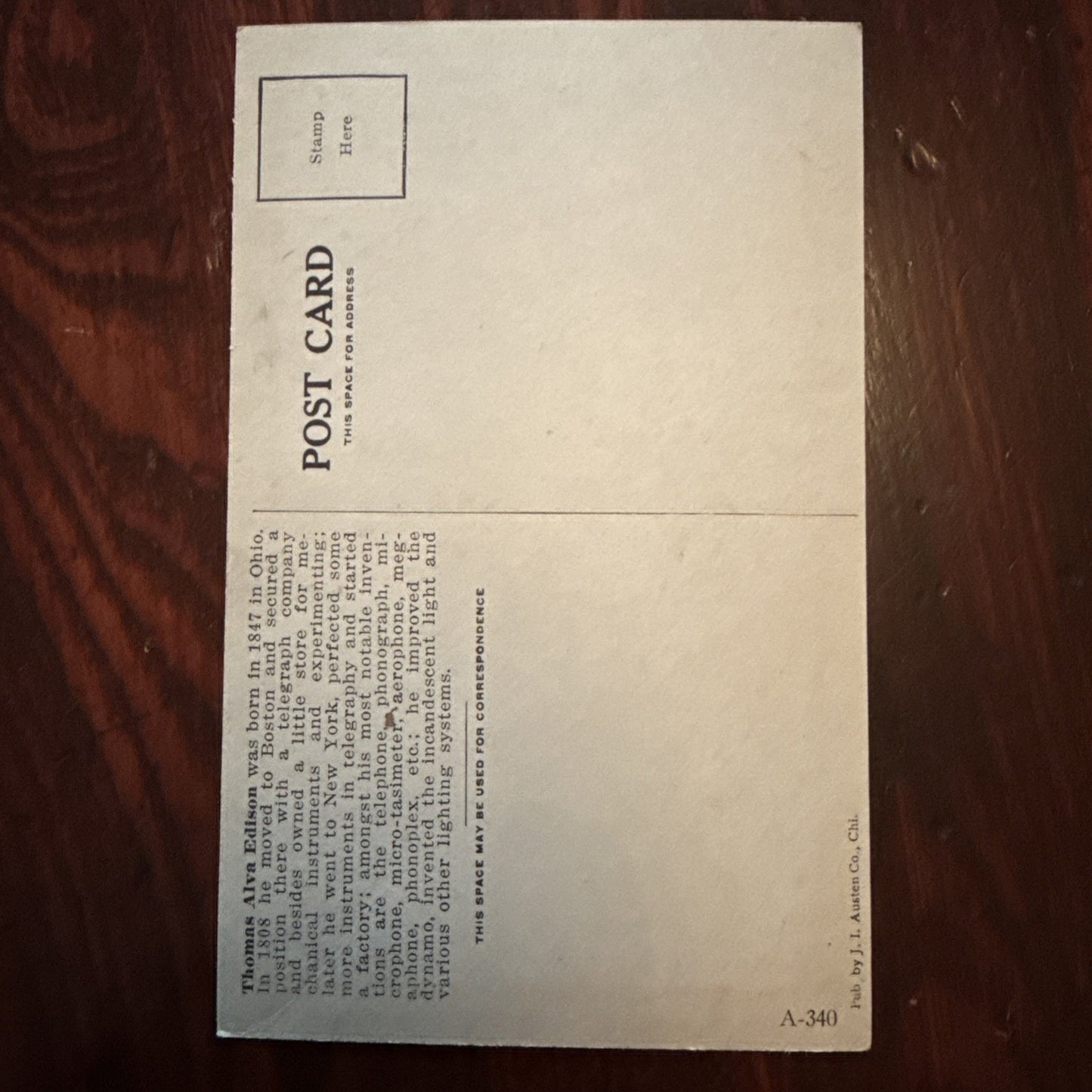 Thomas Alva Edison by J I Austen Postcard Anvil Ship Plane Train c1910's *Scarce