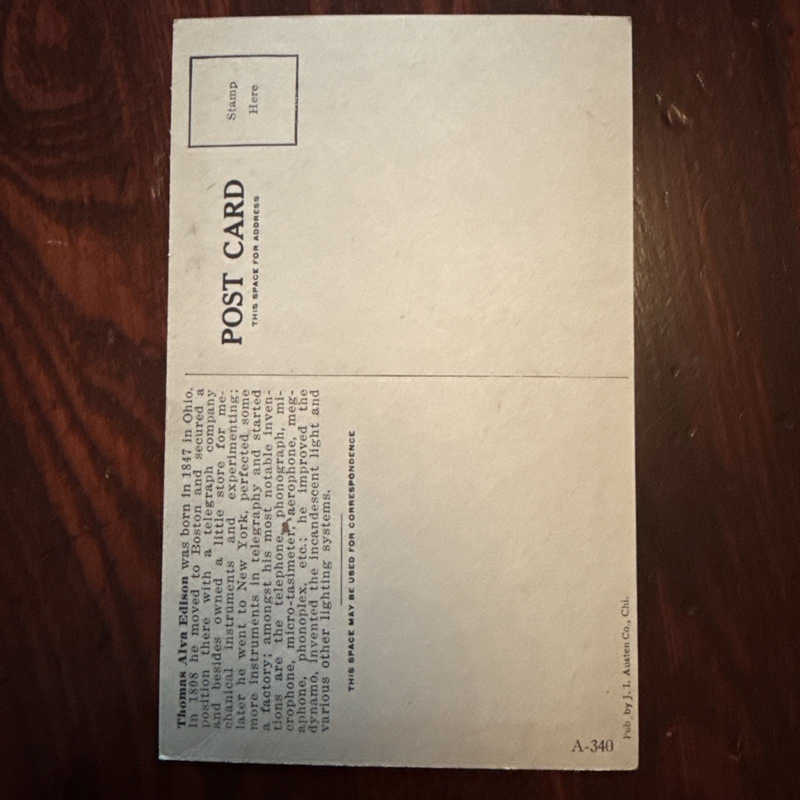 Thomas Alva Edison by J I Austen Postcard Anvil Ship Plane Train c1910's *Scarce