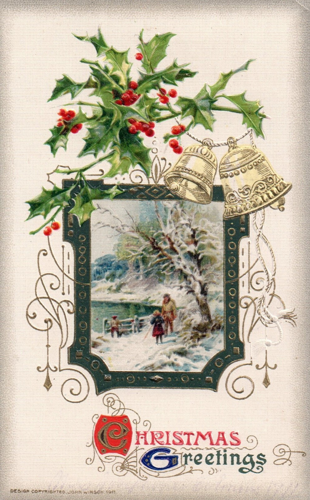 John Winsch Christmas Greetings Family Playing In Snow Vintage Postcard