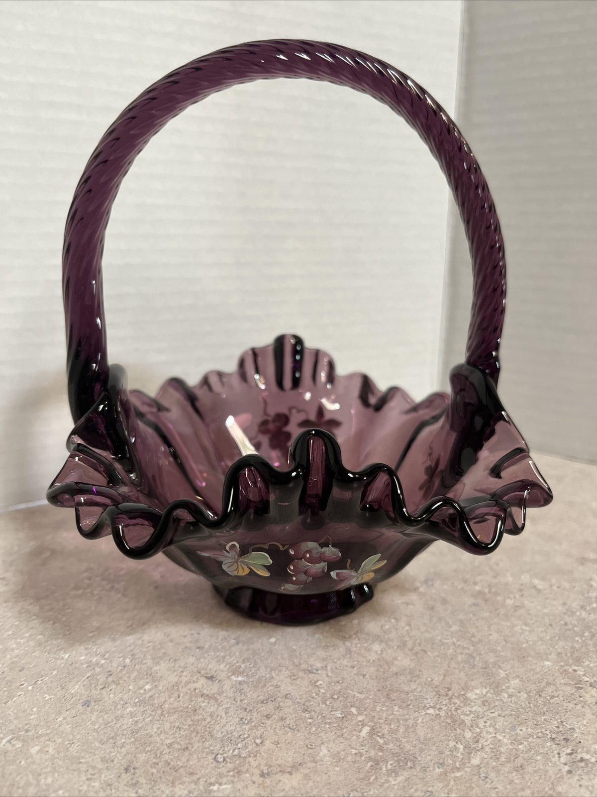 Fenton Art Glass Ruffled Purple Basket With Twisted Handle & signed