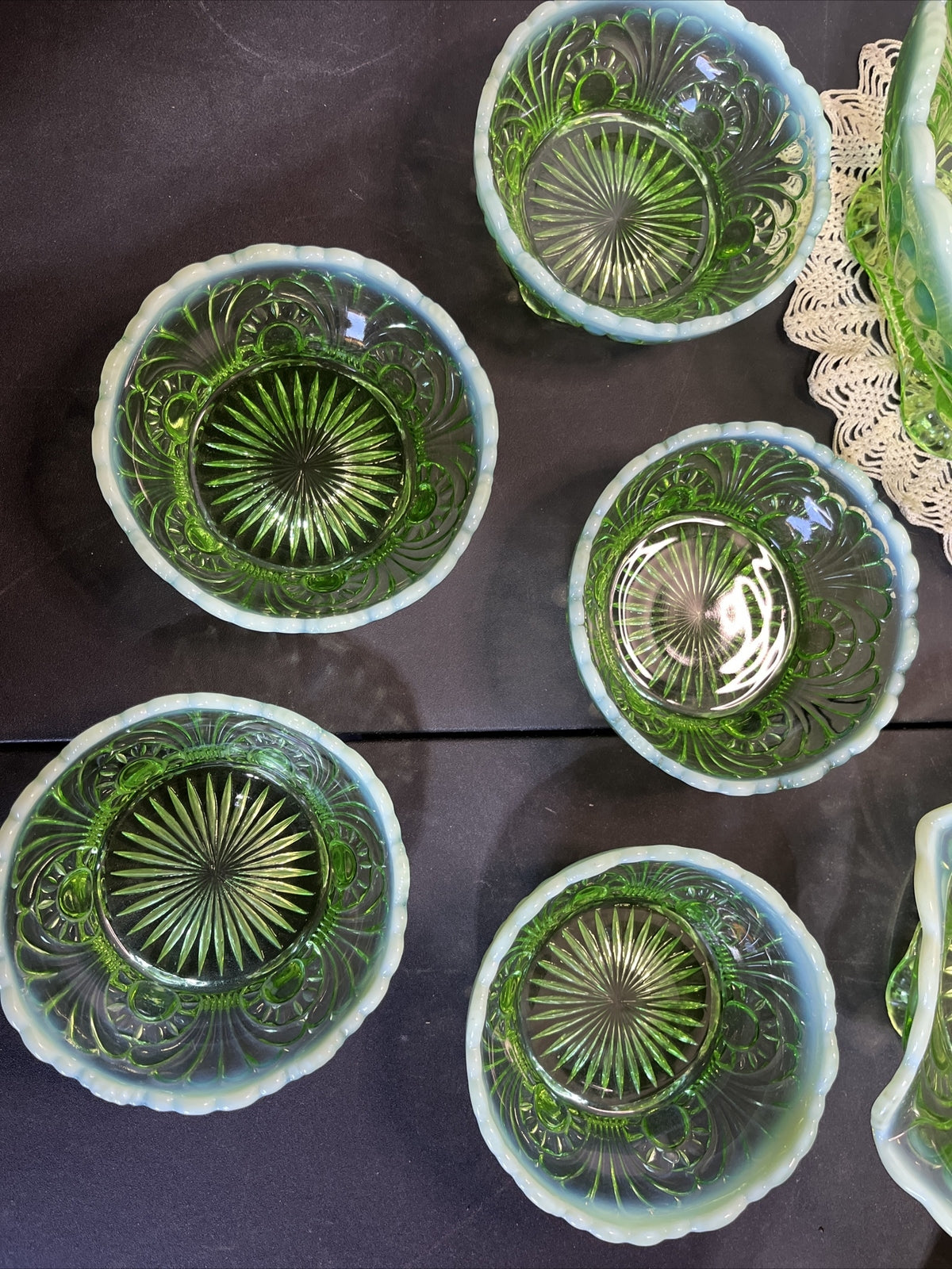 Antique Jefferson Glass 1907 Tokyo Green Opalescent Large, Med & 5 Small Bowls