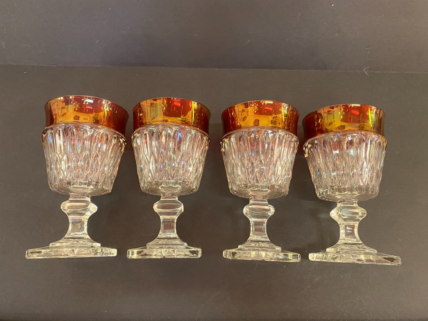 Vintage  Ruby Red Rimmed Set Of 4 Goblet Clear Cut Glass Square Base