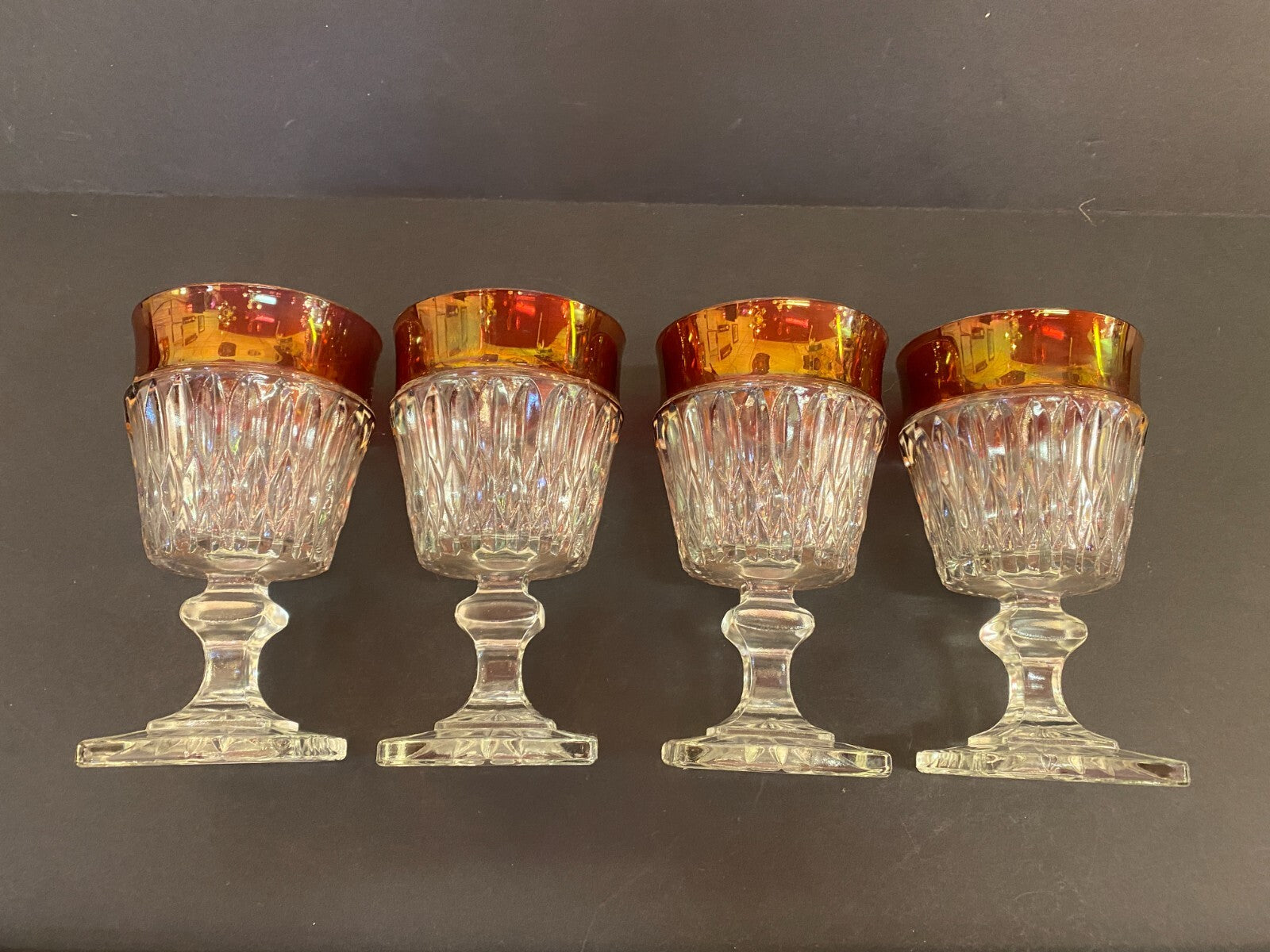 Vintage  Ruby Red Rimmed Set Of 4 Goblet Clear Cut Glass Square Base