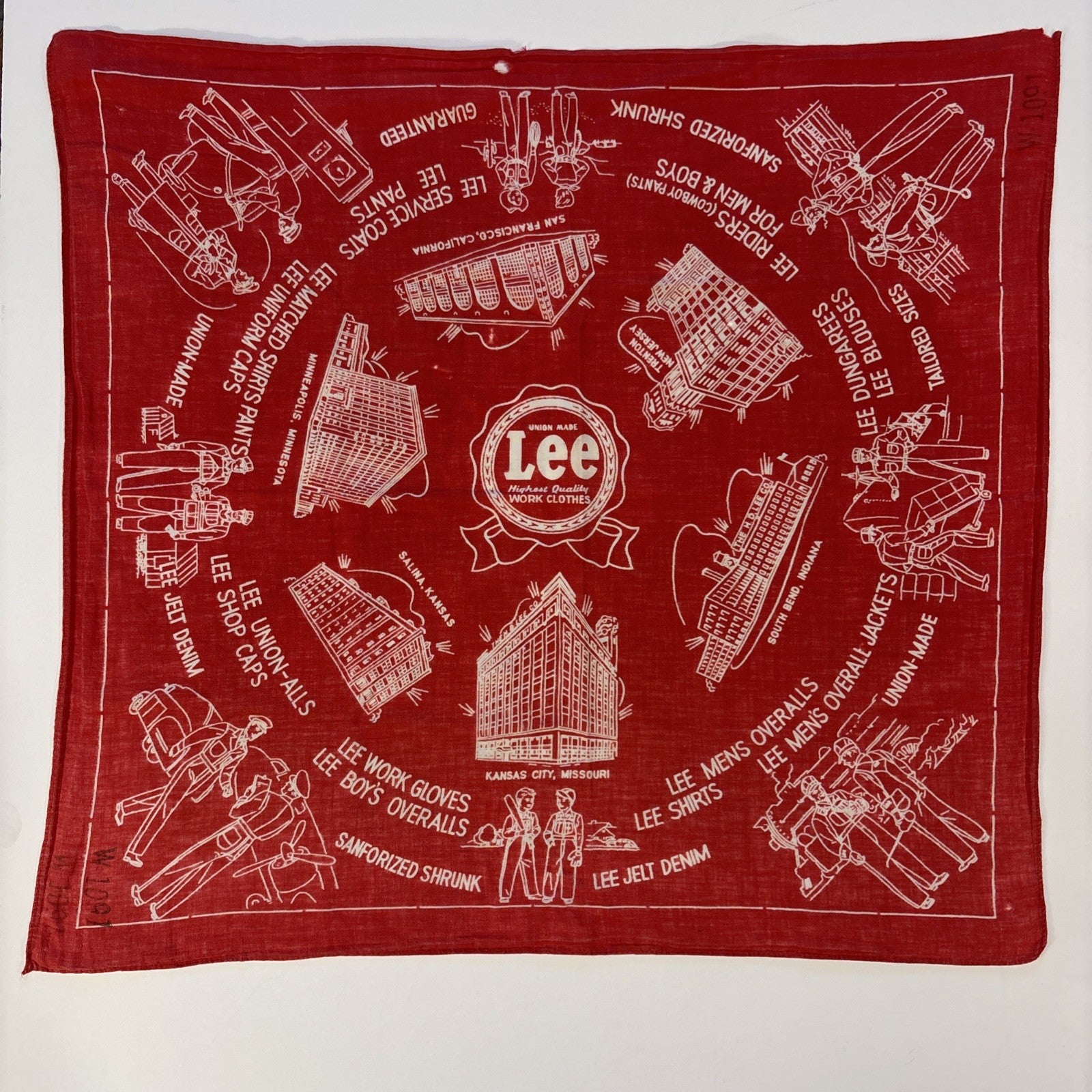 Lee Union Made Red Bandana 1950s Advertising Handkerchief 21-1/4" x 20-1/4"