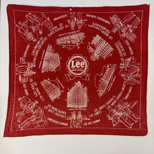 Lee Union Made Red Bandana 1950s Advertising Handkerchief 21-1/4" x 20-1/4"