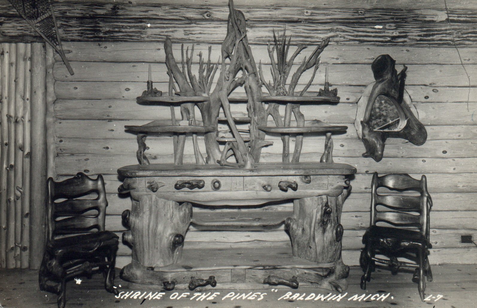 Real Photo Shrine of the Pines Baldwin Mich MI Michigan Postcard tree Furniture
