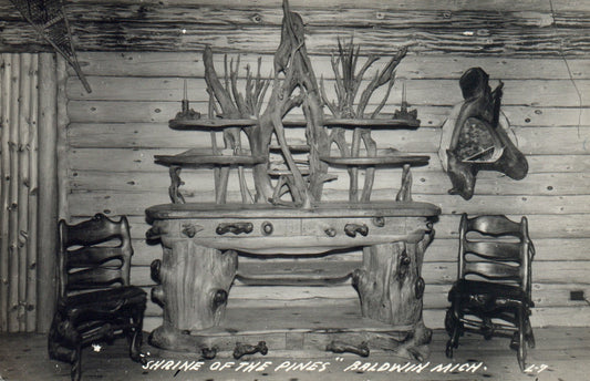 Real Photo Shrine of the Pines Baldwin Mich MI Michigan Postcard tree Furniture