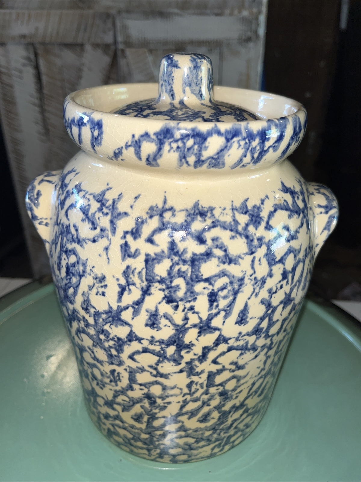 Robinson Ransbottom BLUE Sponge ware 4 Qt  LIDDED CANISTER Roseville USA