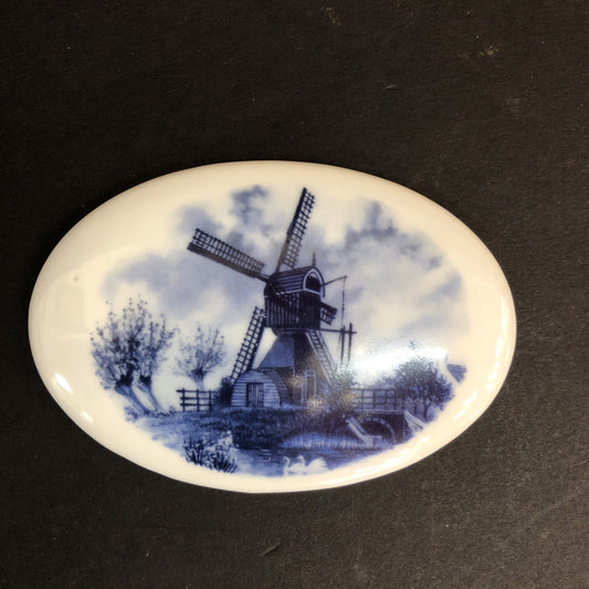 Vintage Delft Blue Lid for Trinket Box Windmill Netherlands 4" x  2.75" no base