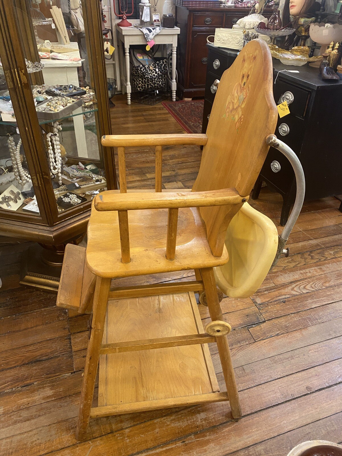 Antique Thayer High Chair Convertible To Play Chair  With Bear  Print Solid Wood