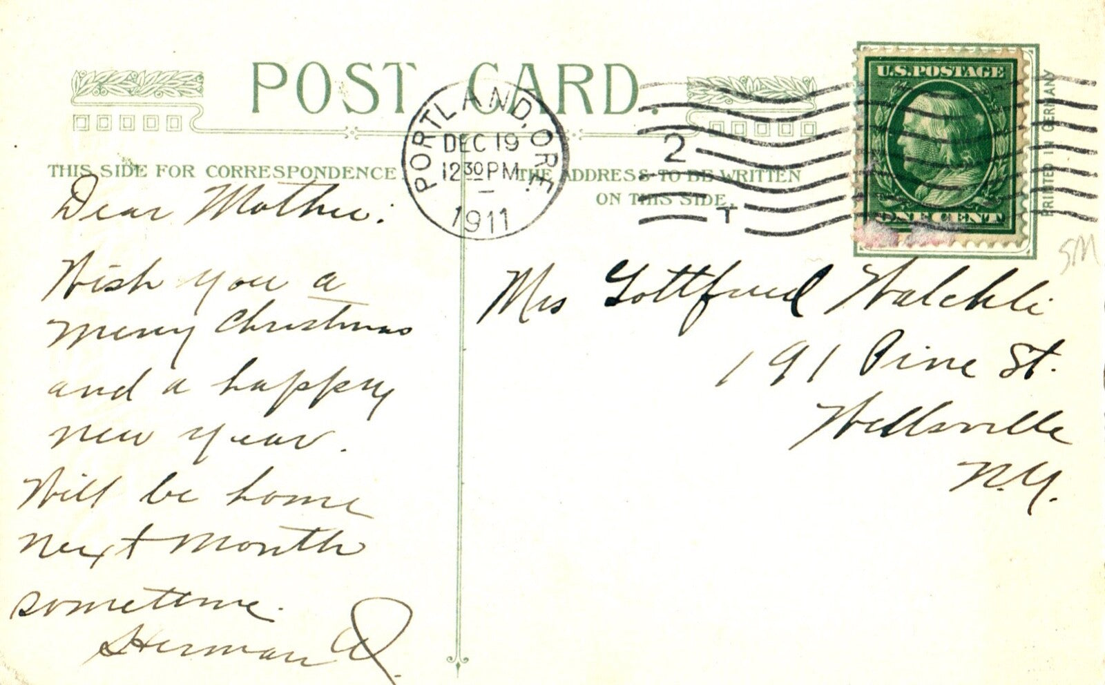 John Winsch Silk A Merry Christmas Sunrise Village with Holly Vintage Postcard