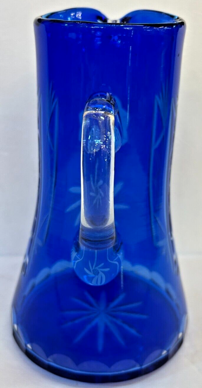 Vintage 9.5" Bohemian Czech Cut crystal Cobalt Blue Glass Pitcher