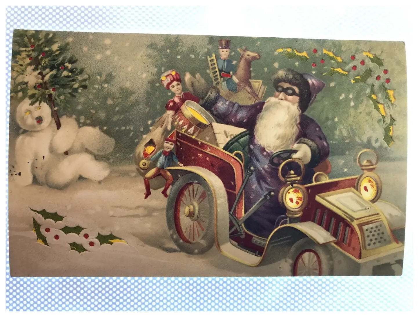 HTL Merry Christmas Hold To The Light Santa Claus driving Car Snowman PURPLE