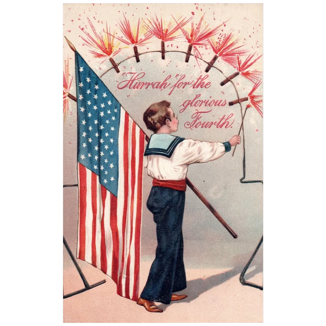 Glorious Fourth Boy Holding American Flag Lighting Fireworks Vintage Postcard