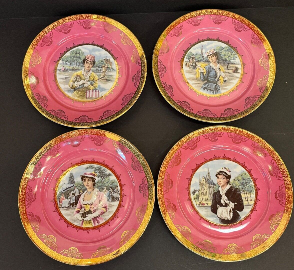 Vintage Set of 4 Bavaria Pretty Lady Portrait Pink Plate with Gold Trim