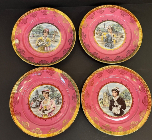 Vintage Set of 4 Bavaria Pretty Lady Portrait Pink Plate with Gold Trim