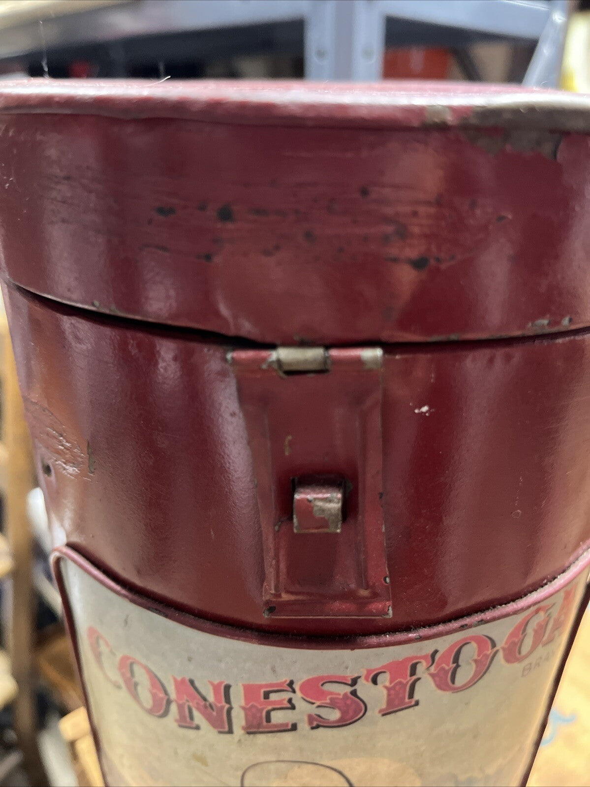 Conestoga Western Vegetables Red Metal Canister latch close 5.5x8.5" FREE SH