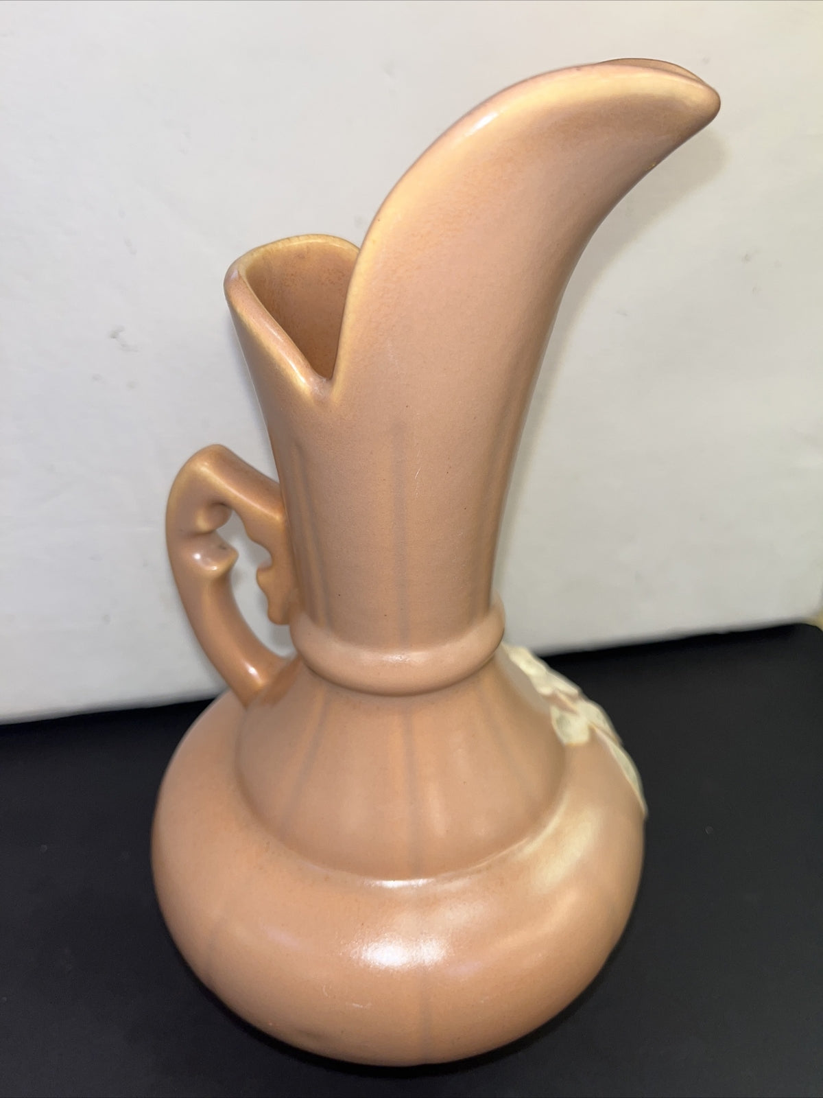 Weller Pottery Art Deco Peach Pitcher/Vase, White Rose Pattern w/handle 1930's 