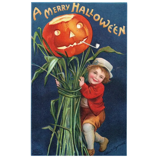 Ellen Clapsaddle A Merry Halloween Little Boy w/ Pumpkin Head Halloween Postcard