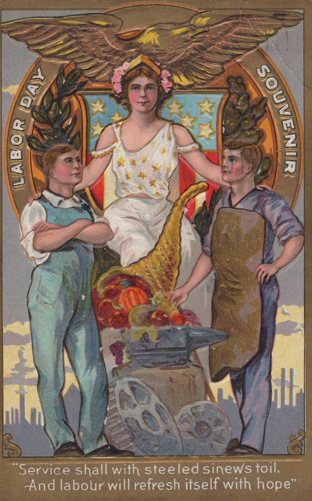 Patriotic Labor Day Souvenir Postcard Series 1 Two Men Stand Before Lady Liberty