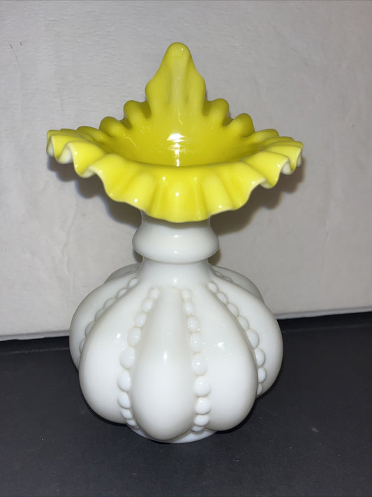 Fenton Vtg Mini Yellow Overlay Beaded Melon Vase 7” Rare