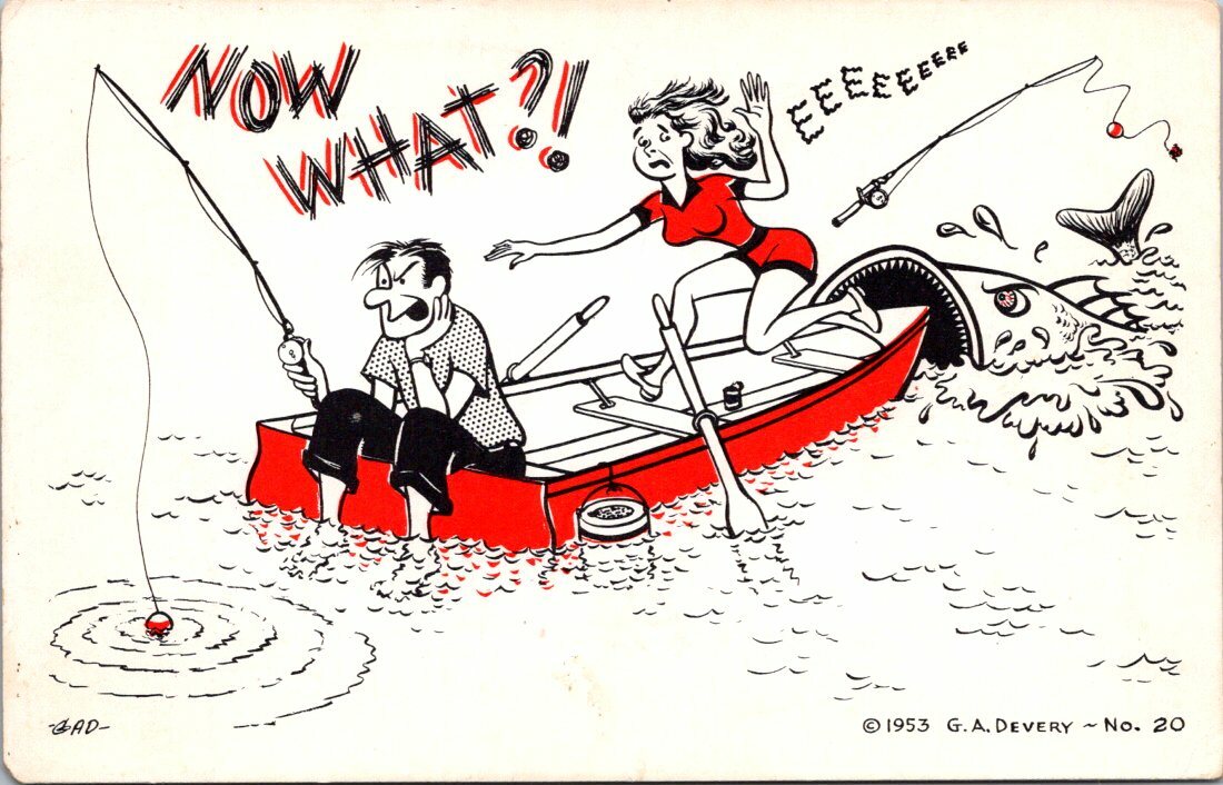 GAD "Now What?" Giant Fish About to Bite Red Row Boat Comic Fishing Postcard