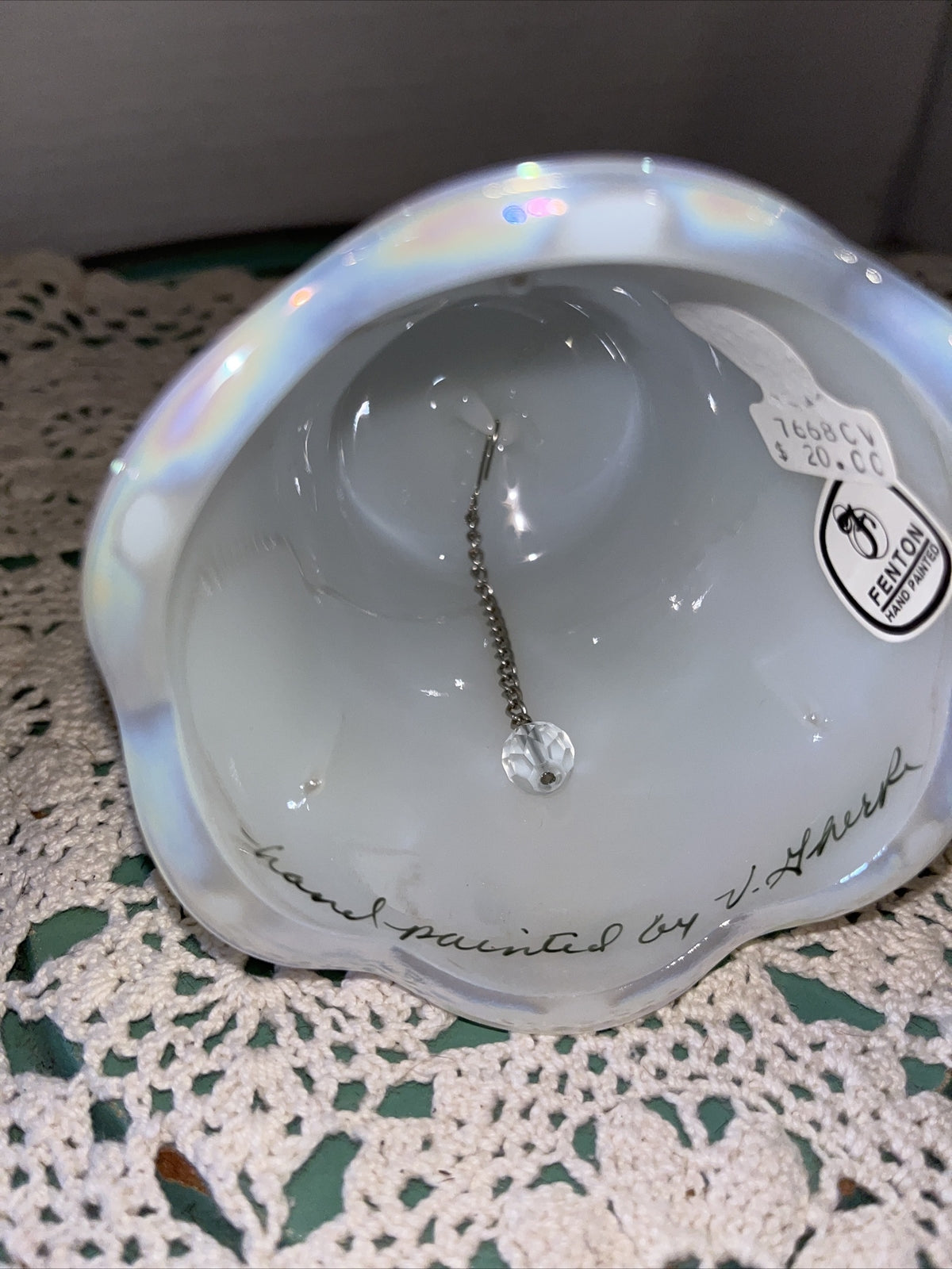 Vintage Fenton Hand Painted Iridescent Opaline Bell Signed