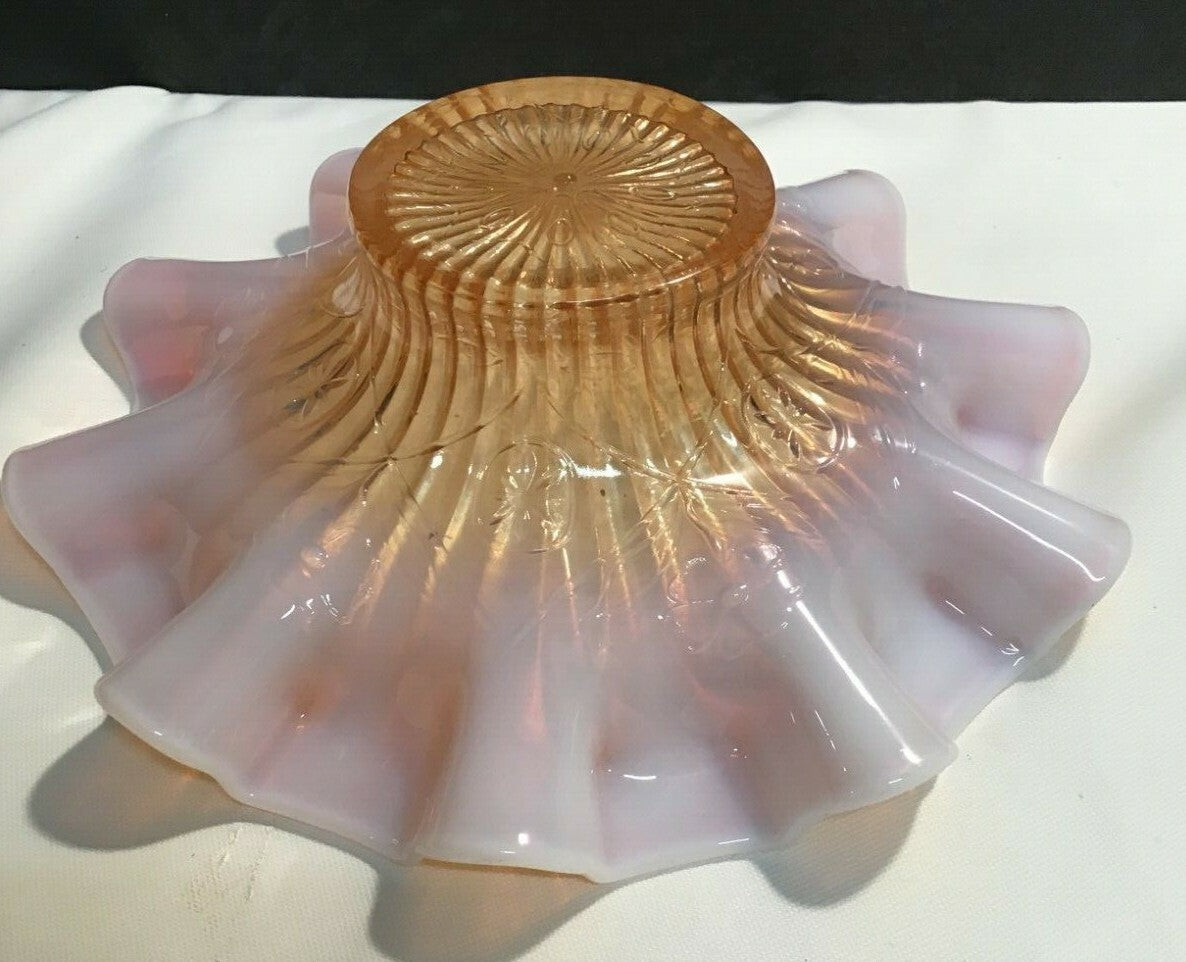 9" Marigold and Opal Ribbon Edge Floral Patterned Carnival Glass Bowl