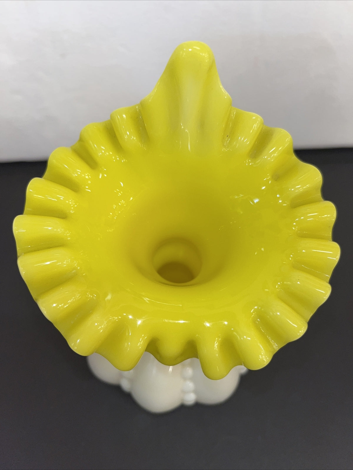 Fenton Vtg Mini Yellow Overlay Beaded Melon Vase 7” Rare