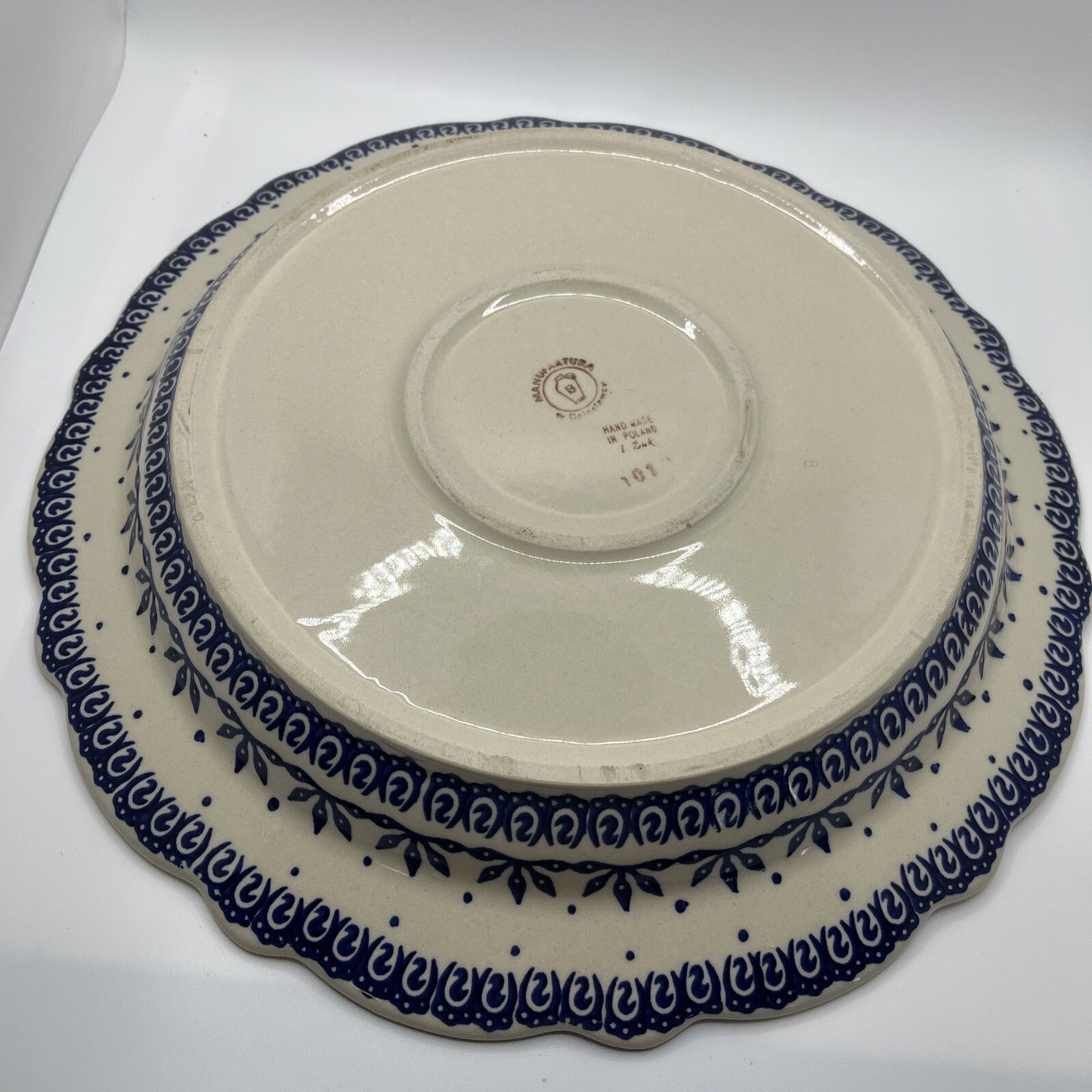 Boleslawiec Polish Pottery 13" Large Serving Dish Scalloped Round  Flowers