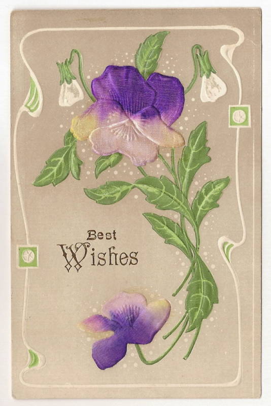 Embossed Purple Silk Flowers Bordered by White Trim Best Wishes Vintage Postcard
