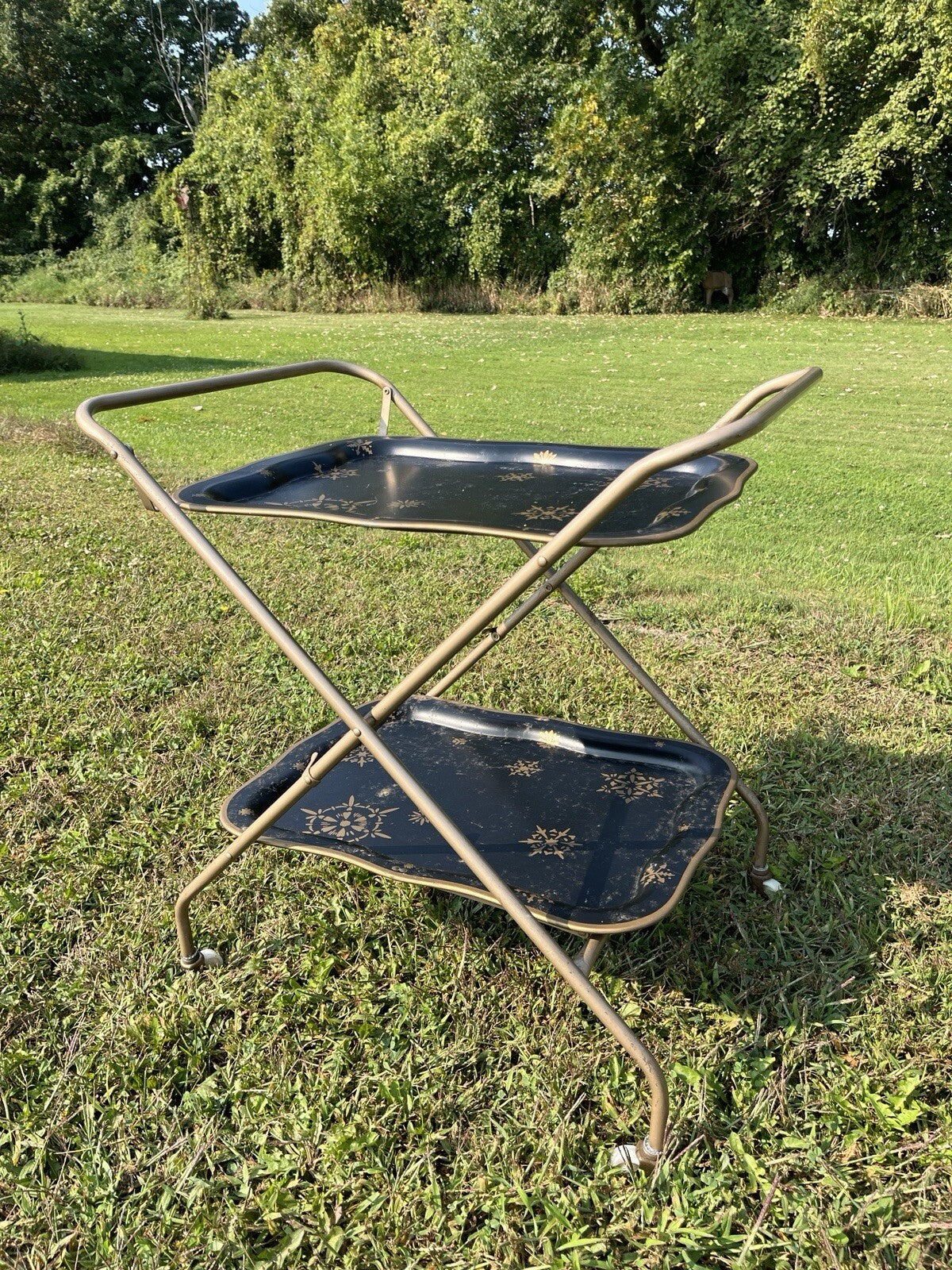 VINTAGE  SERVING CART TEA TROLLEY RETRO 1960s Black/Gold