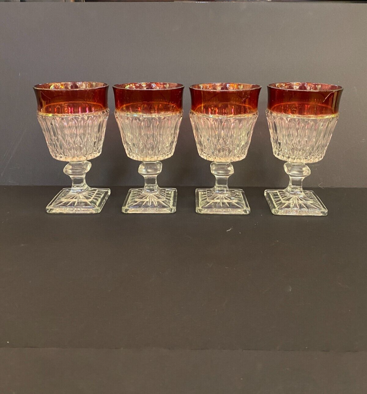 Vintage  Ruby Red Rimmed Set Of 4 Goblet Clear Cut Glass Square Base