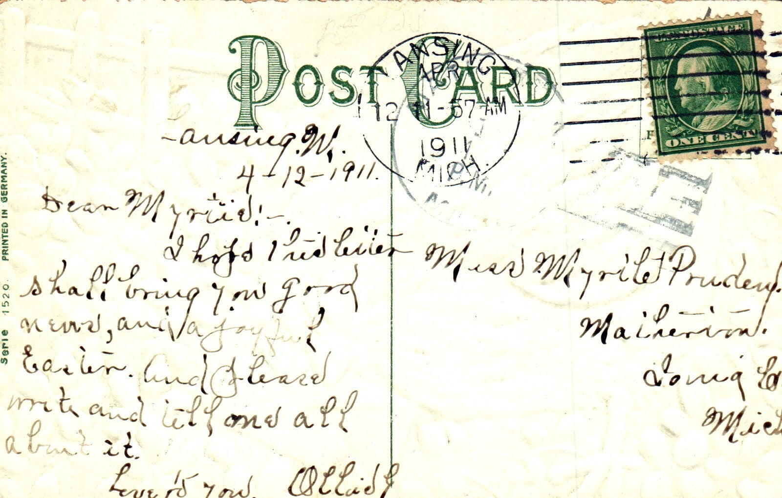 Joyful Easter Little Chick Delivering Letter Gloss Vintage Easter Postcard