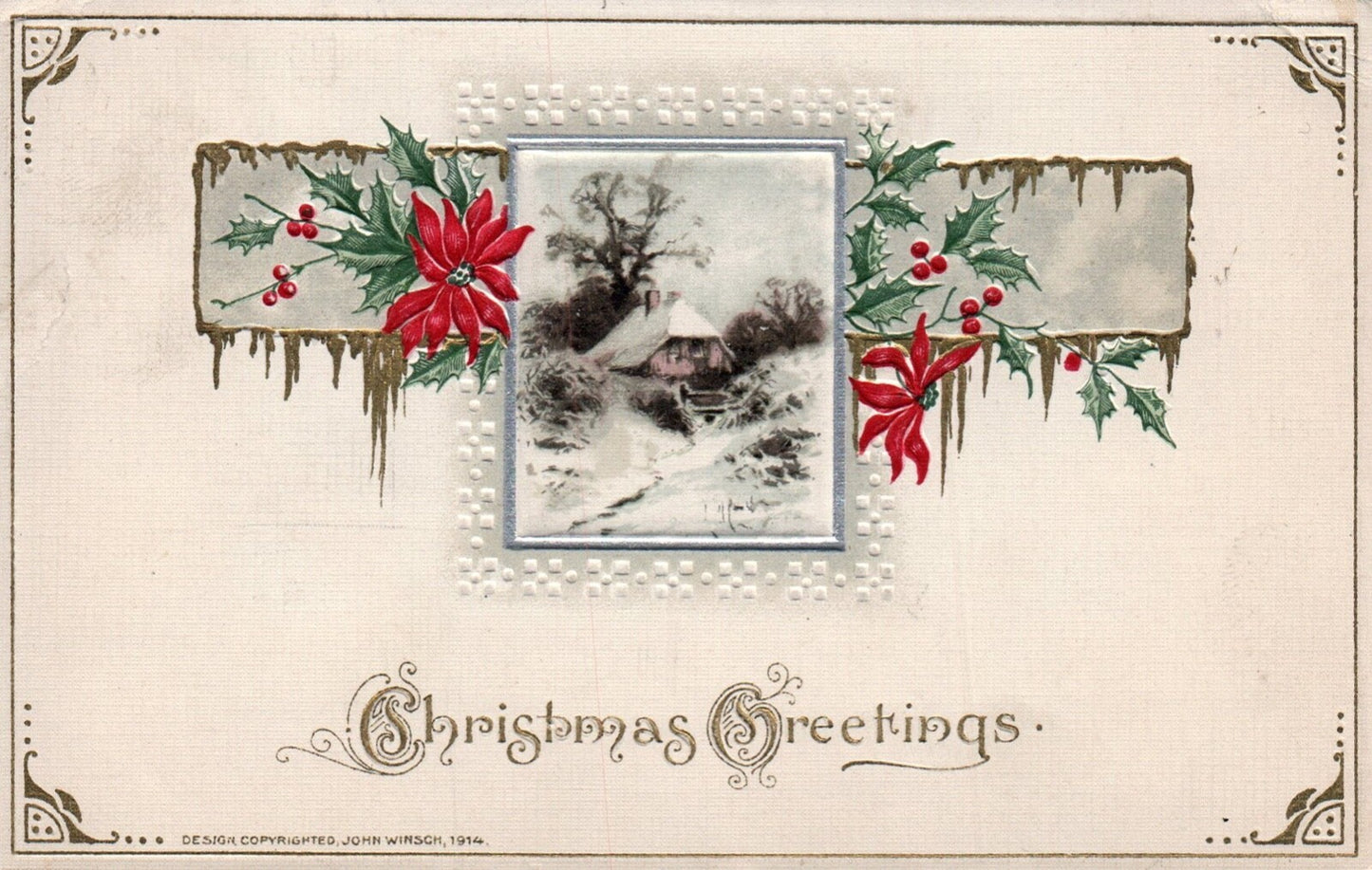 John Winsch Christmas Greetings Snowy Cabin in Woods Vintage Poinsettia Postcard