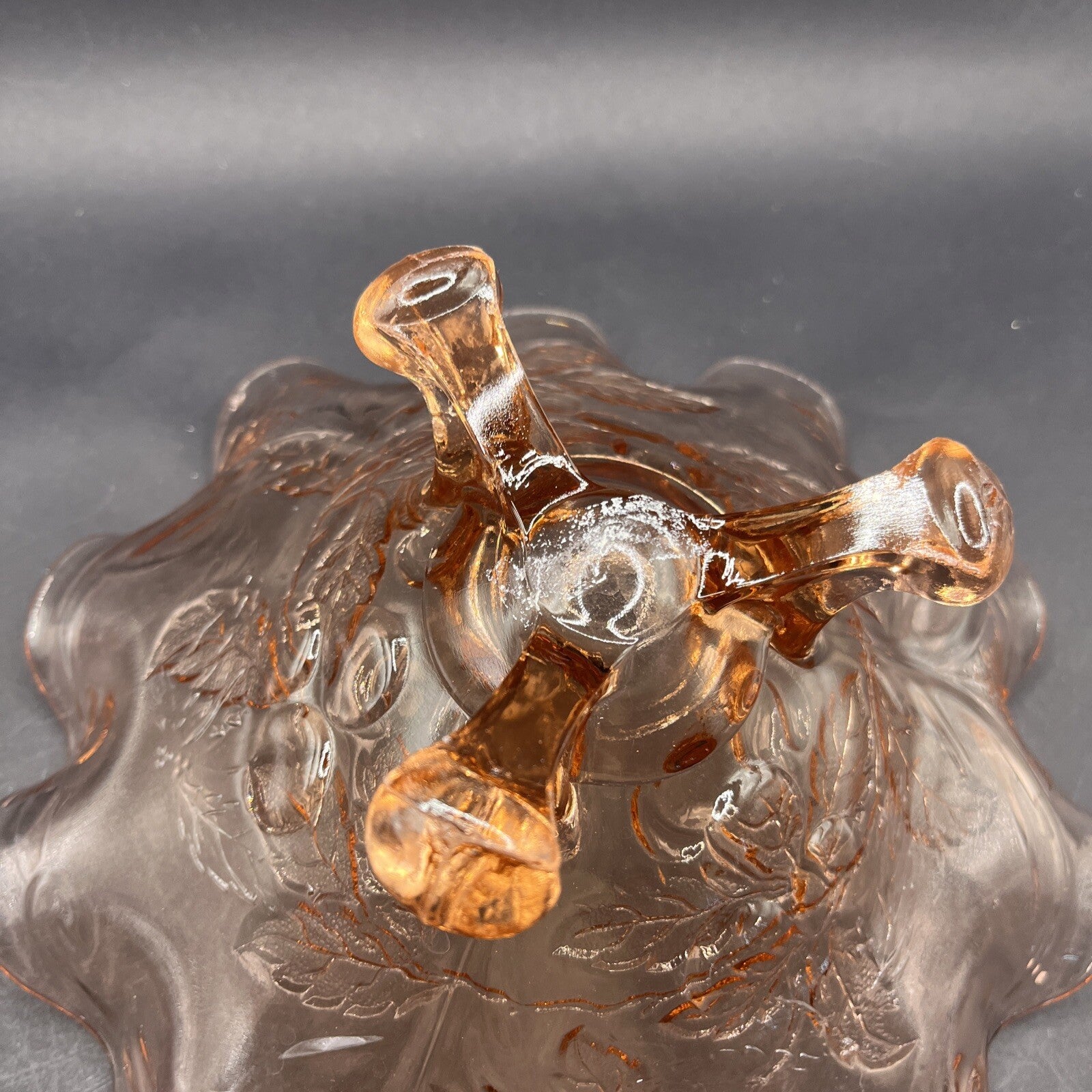 Pink Depression Glass Candy Serving Bowl Footed Cherries Leaves Ruffled Edge