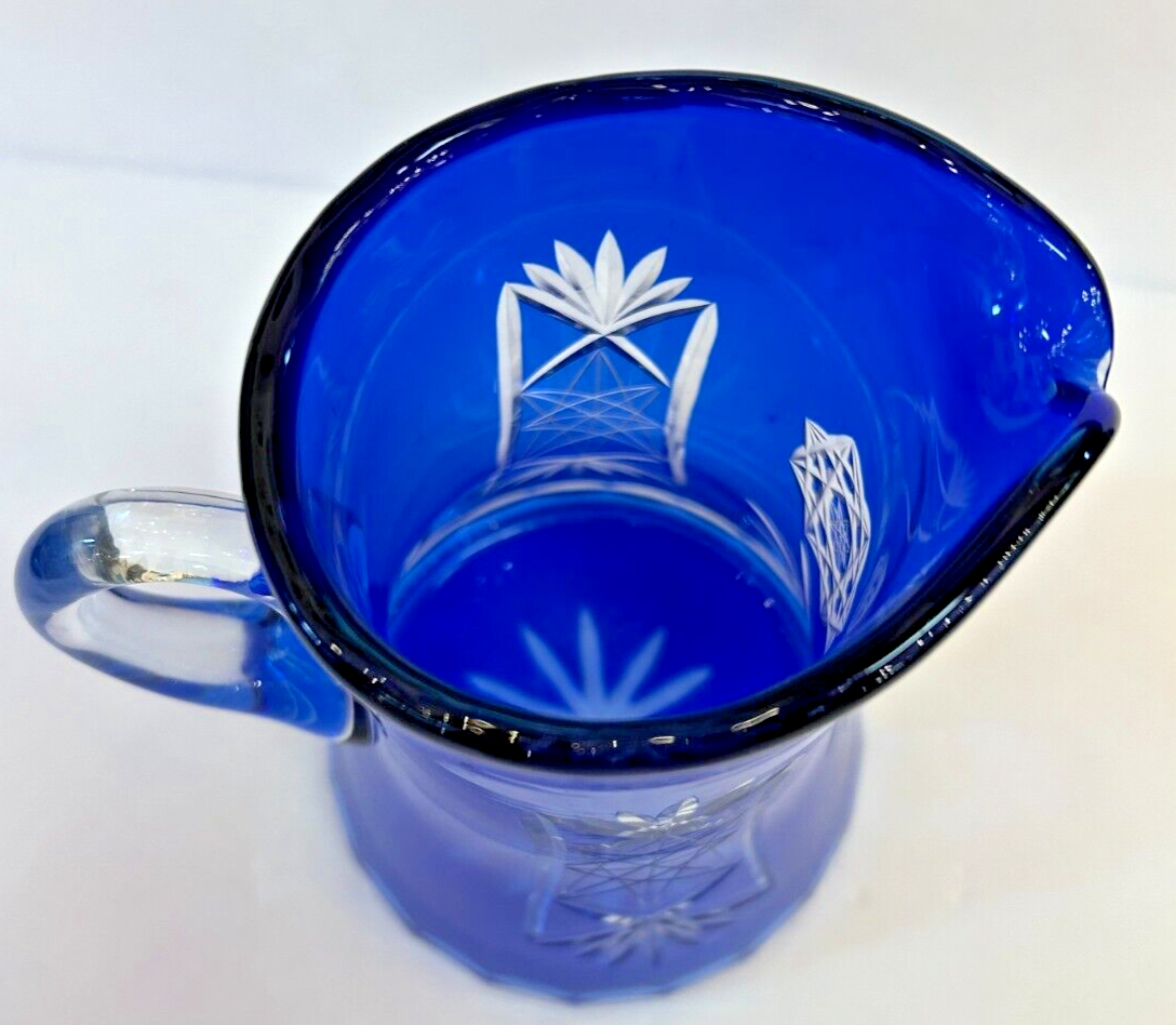 Vintage 9.5" Bohemian Czech Cut crystal Cobalt Blue Glass Pitcher