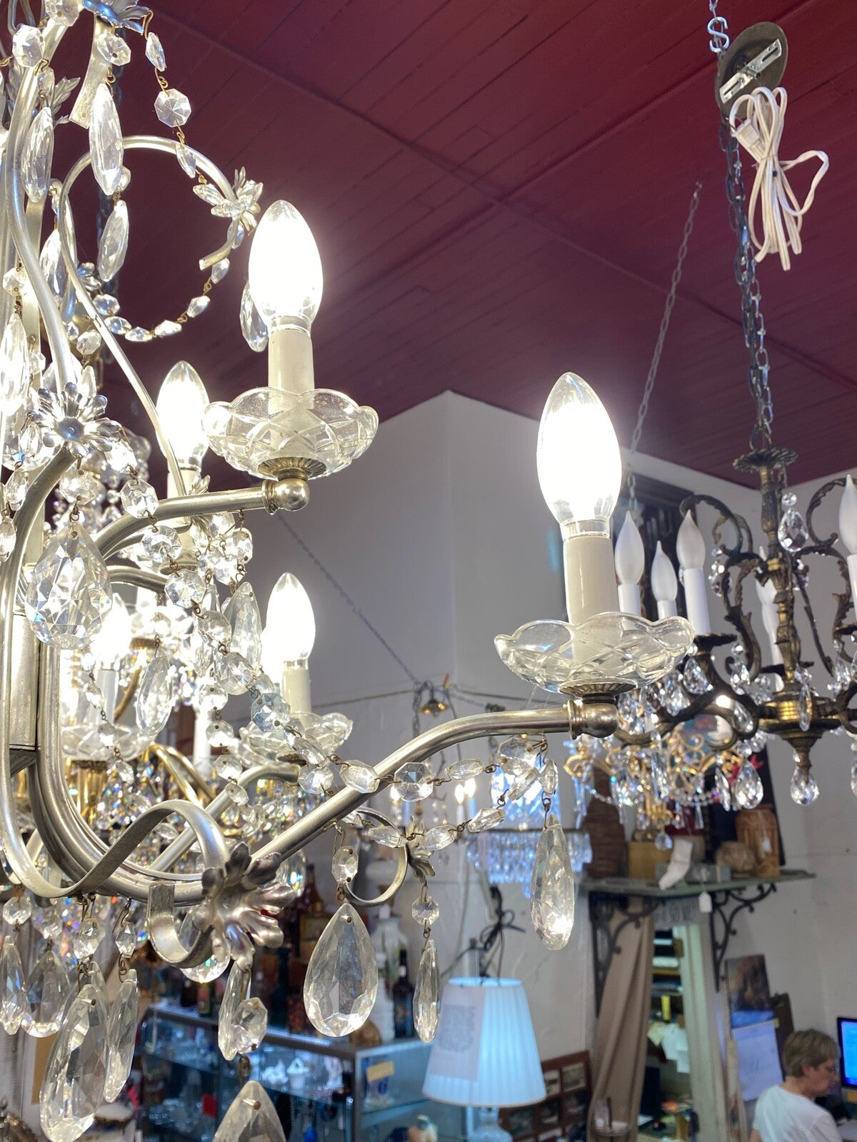 1950s mid century 10 arm silver and crystal chandelier 