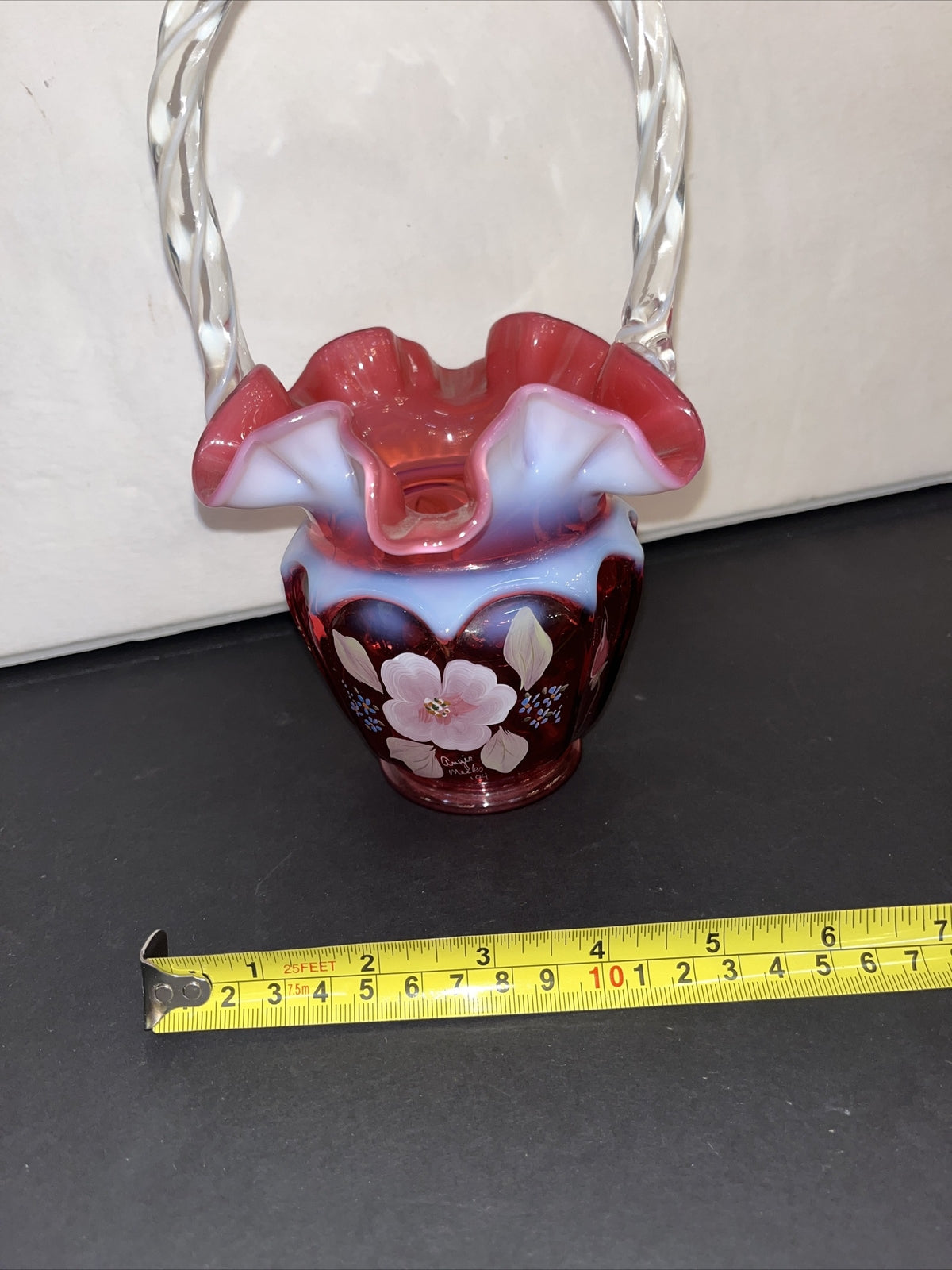 Fenton Art Glass Cranberry Opalescent Open Heart Arches Basket Signed & HP