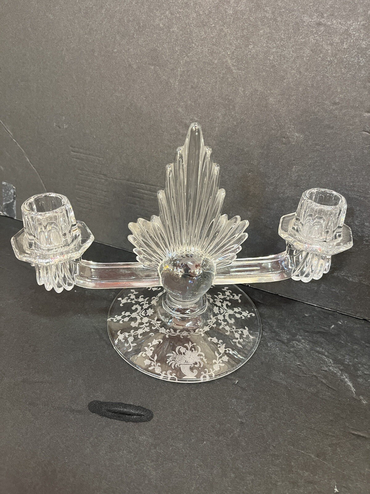 VTG art deco FOSTORIA double flame lido CRYSTAL Candleholder w/etched base (2)