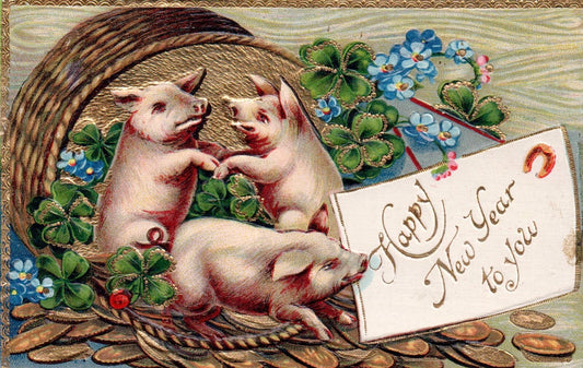 Gold Gilt Pigs Dancing in Four Leaf Clovers and Basket Vintage Pig Postcard